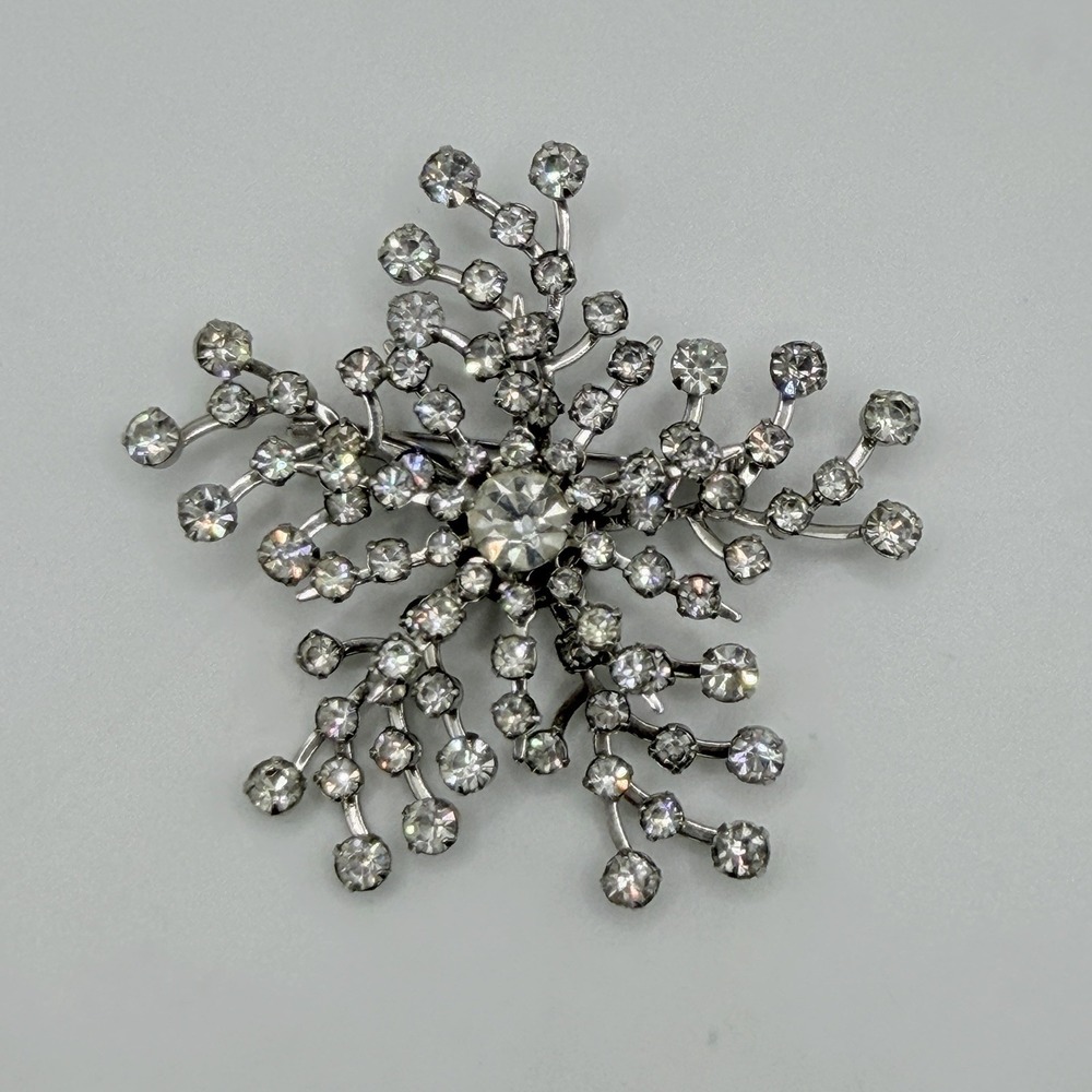 Vintage Starburst Snowflake Rhinestone Brooch Pendant Large layered MCM Holiday
